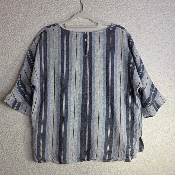 FOIL Sz8 Ws Linen Blue Gray Navy Stripes BigButtons accent Tunic Top Boho Hippie - Picture 12 of 14